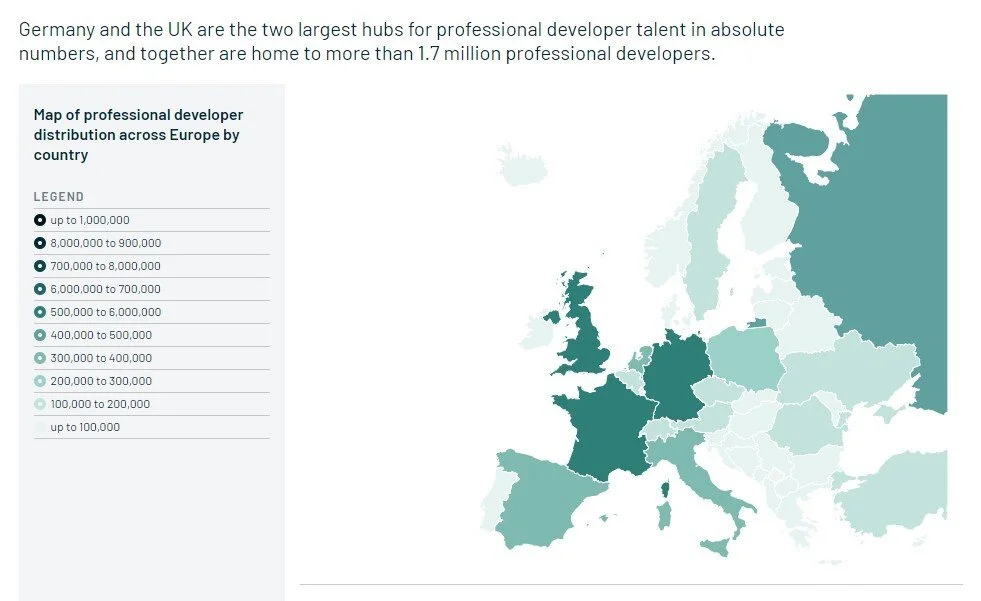  MAP OF PROFESSIONAL DEVELOPER DISTRIBUTION ACROSS EUROPE BY COUNTRY - Source: Stackoverflow 
